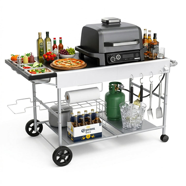 Denmay 128 x 66 x 78cm Grillwagen für Weber Q Serie, Ninja Woodfire, Pizzaofen, Tischgrill, Pizzaofe