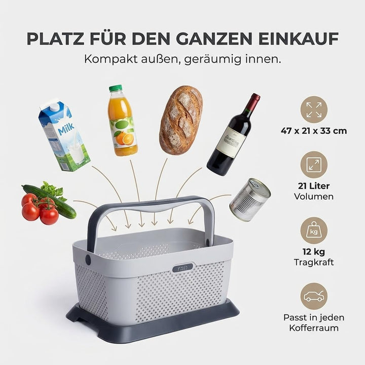 rati Basket Nordic - Smarter Auto Korb zum Einkauf & Outdoor-Aktivitäten, mit Befestigungsadapter zu