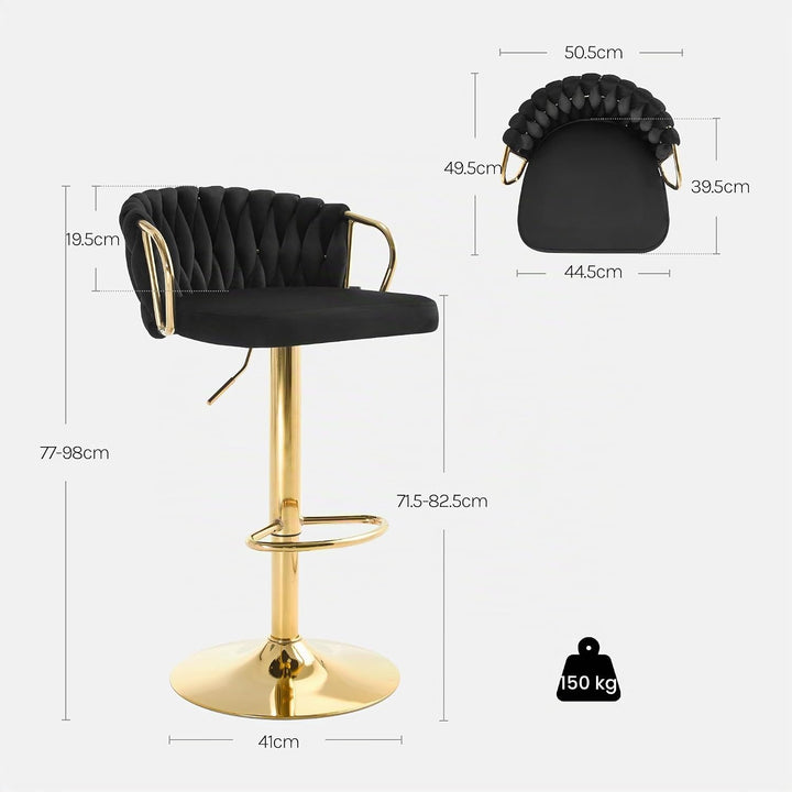 WOLTU Barhocker 2er Set, mit geflochtener Lehne, Samtstuhl, Schwarz