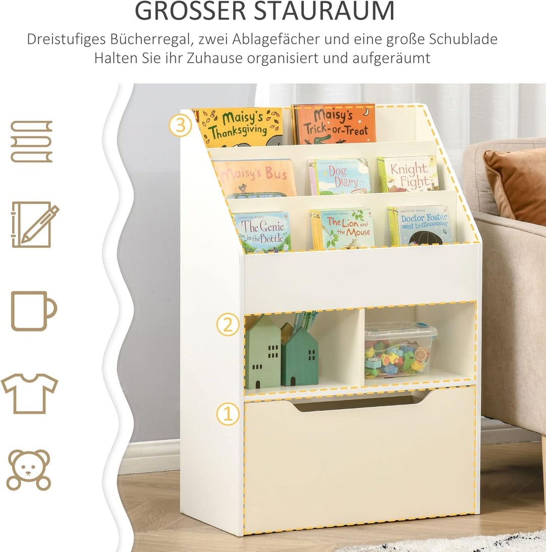 HOMCOM Kinder Bücherregal Kinderregal mit Schublade, 3 Ablagefächern und 2 offenen Fächern, Aufbewah