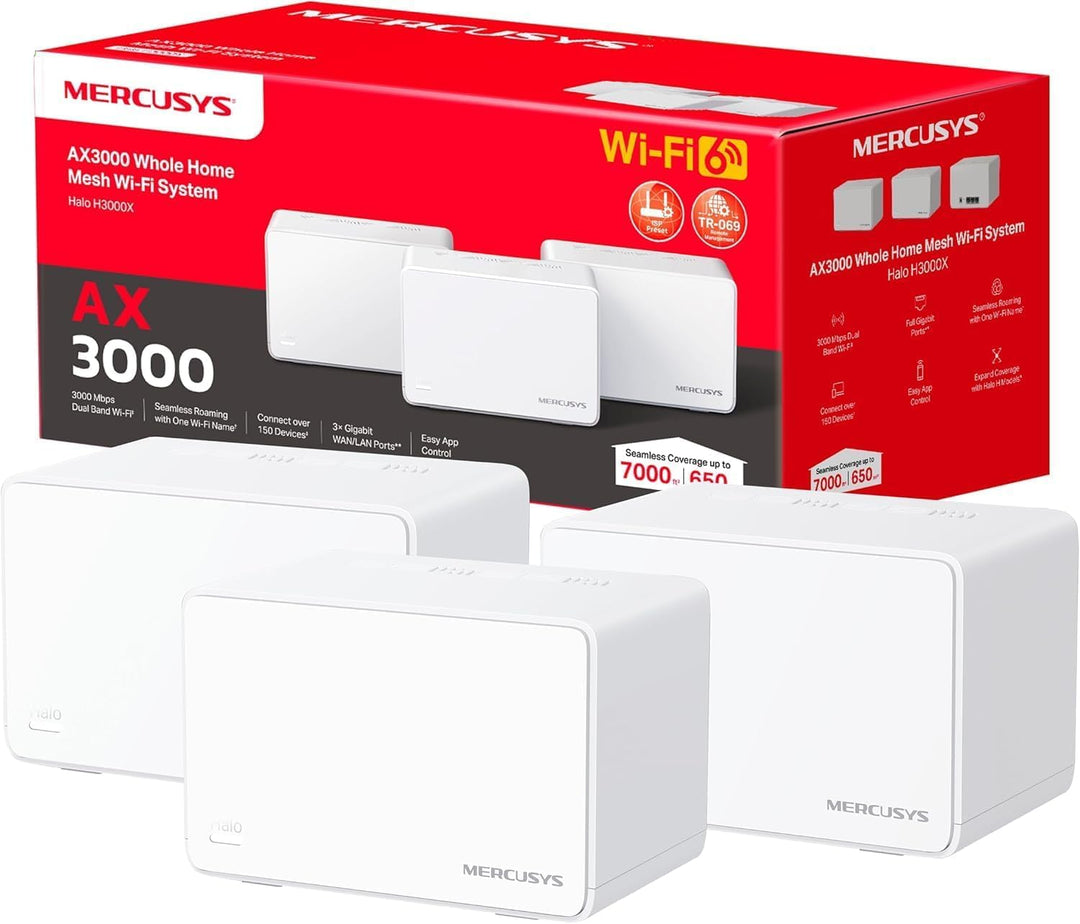 Mercusys Halo H3000X Mesh-WLAN-Set (3er-Pack), Wi-Fi 6 AX3000 Dualband-Router & Repeater, 3 × Gigabi