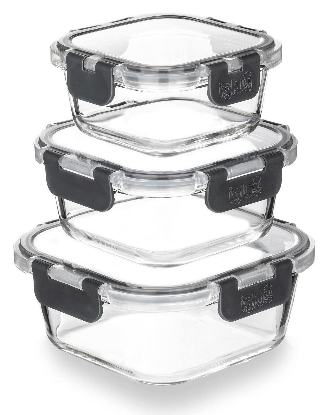 Igluu Meal Prep - Stapelbare quadratische Behälter aus Glas (3 Stück) – BPA-freie auslaufsicherer, l