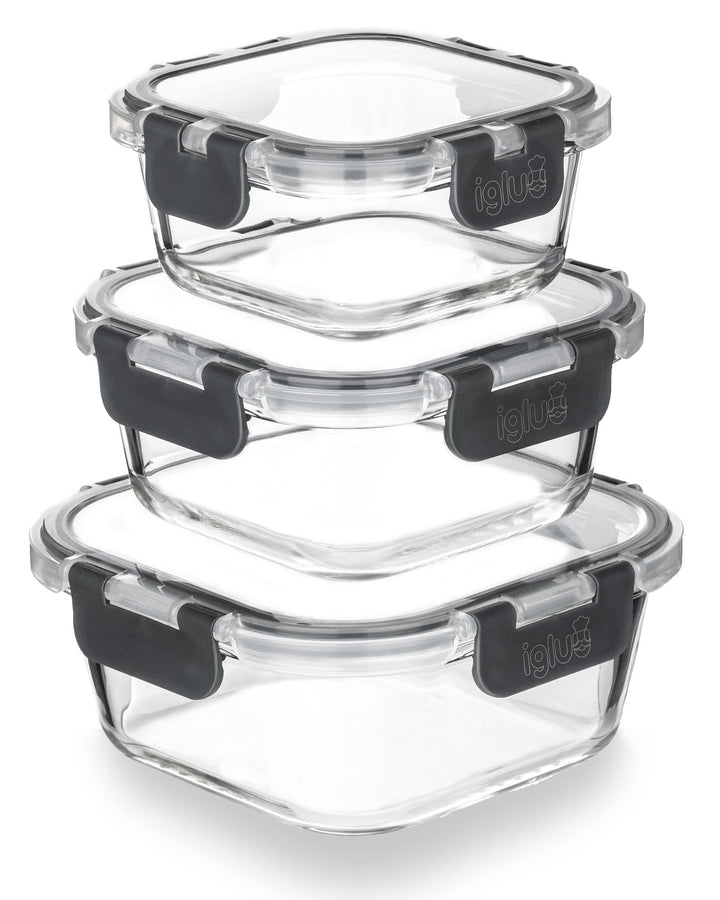 Igluu Meal Prep - Stapelbare quadratische Behälter aus Glas (3 Stück) – BPA-freie auslaufsicherer, l