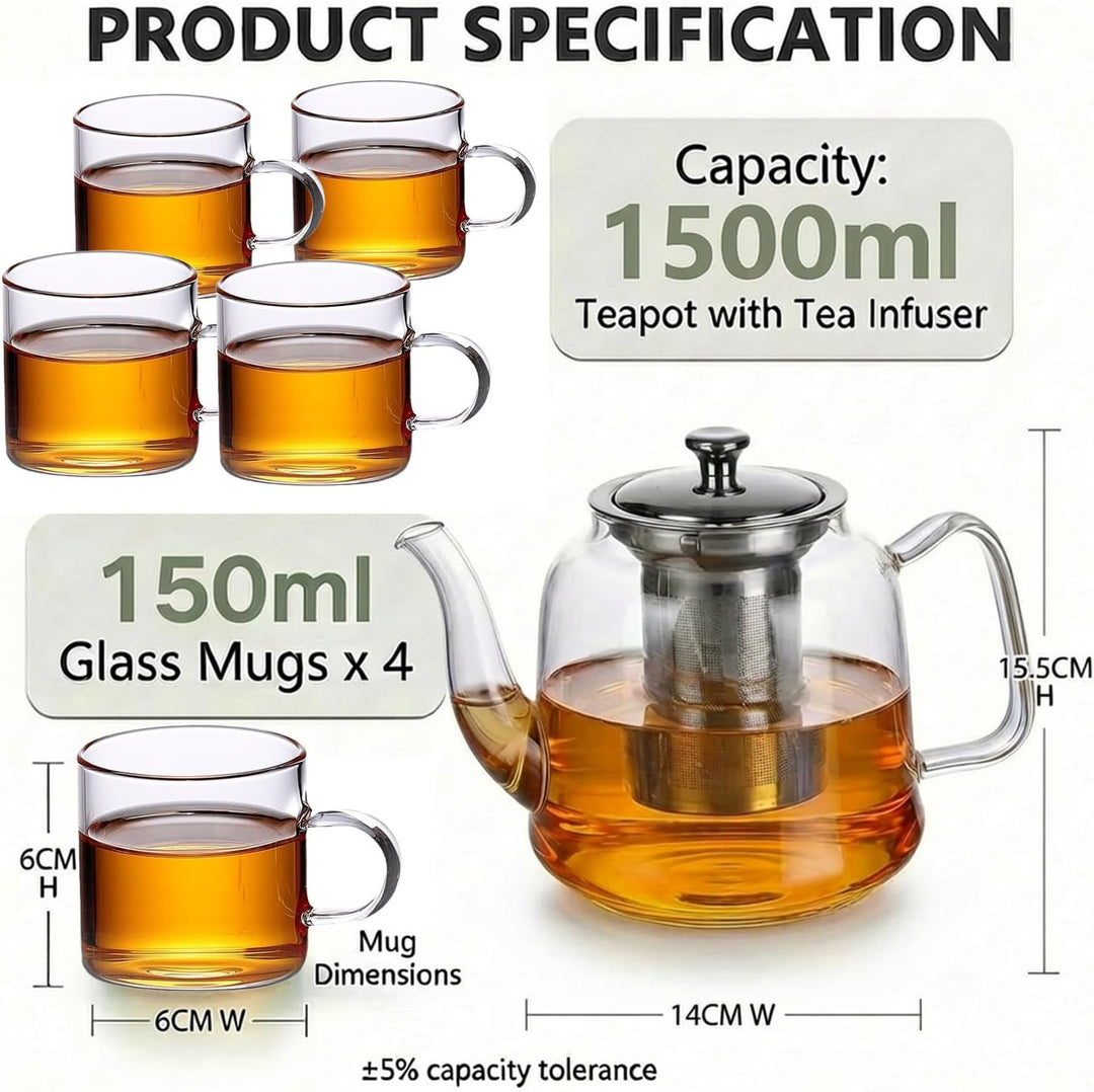 Grosse Teekanne Set aus Glas 1,5 Liter mit Siebeinsatz – Spülmaschinenfestes Teeset mit 4 Tassen für