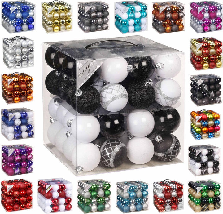 64x Kunststoff Christbaumkugeln Ø 6cm Kugel Box Glanz Glitzer Matt Dekor Inge inkl. Aufhänger, Farbe