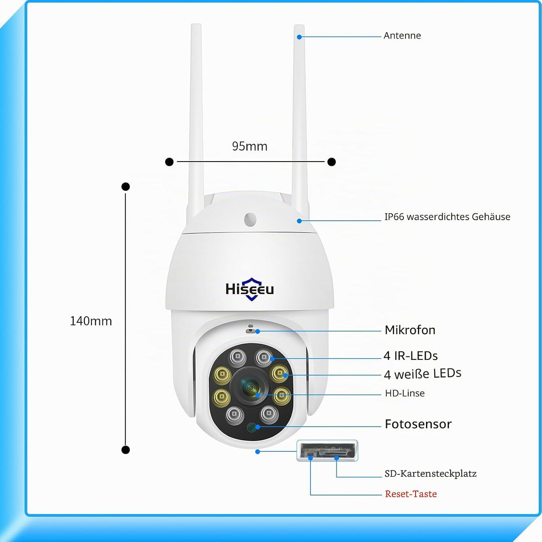 Hiseeu 5 MP Überwachungskamera Aussen-WLAN mit automatischer Verfolgung, 350°/90° schwenkbar, Farbna