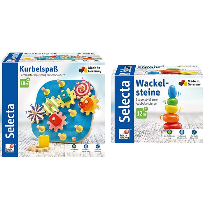 Selecta 62011 Kurbelspass, Motorikspielzeug aus Holz, 20, 5 cm & 62009 Wackelsteine, Stapelspielzeug