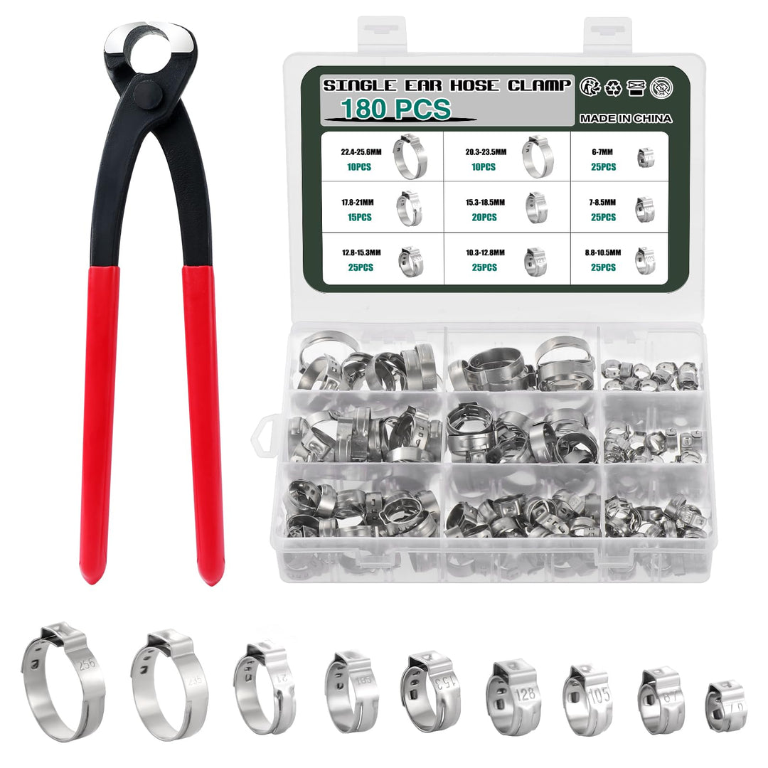 Knpwer 180 Stück 304 Edelstahl Einzelohr Stufenlos Schlauchschellen Set,6-25.6mm 9 Grössen Crimp Sch