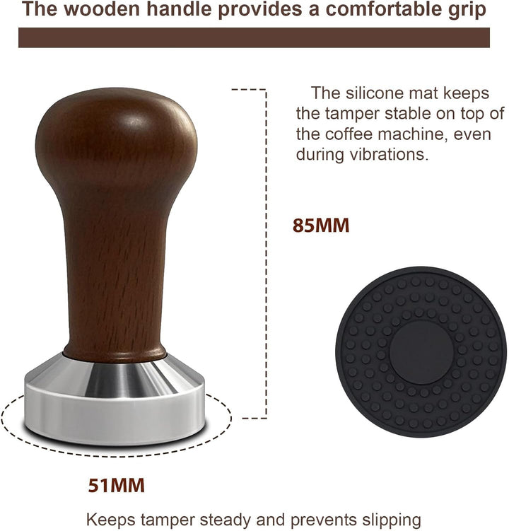 Kaffeetamper 51mm mit Echtholzgriff & Silikonmatte – Massiver Espressostempel für präzises Tamping –