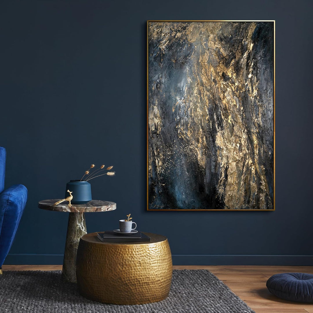 YS-Art XXL Abstrakt Acryl Gemälde auf Leinwand mit Rahmen Azurblau handgemalte Wandbilder Wohnzimmer