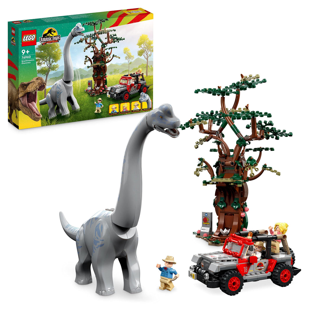 LEGO 76960 Jurassic Park Entdeckung des Brachiosaurus, Dinosaurier Spielzeug mit Figur und Jeep, Sam
