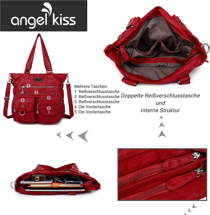 angel kiss Handtasche Damen Schultertasche Multifunktionale Umhängetaschen Gewaschenes Veganes Leder