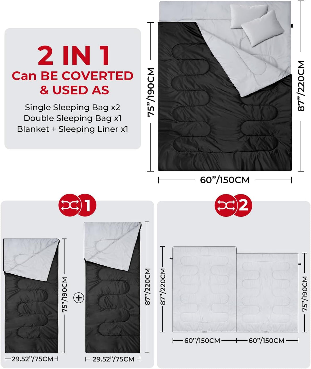 Ohuhu Schlafsack Outdoor Sommer Doppelschlafsack 220x150cm Erwachsene Deckenschlafsack 2.75kg mit 2