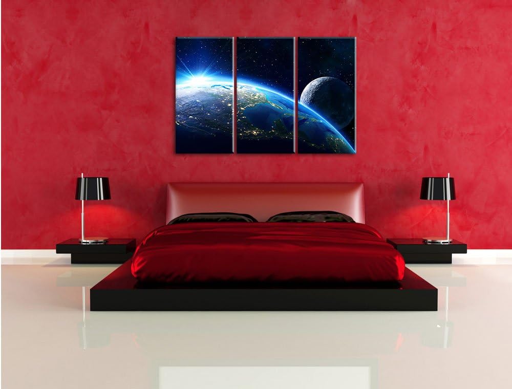 Pixxprint Erde und Ihr Mond aus dem All als Leinwandbild | Grösse: 3 Teilig (120x80) | Wandbild| Kun