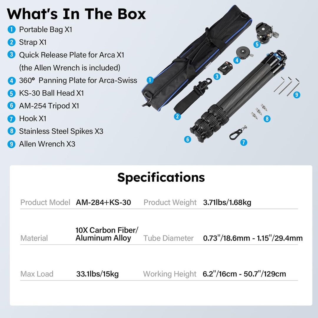 SIRUI 130cm Carbon Reisestativ AM-284 Fotostativ, Kompaktes Professionelles Stativ Kamera mit KS-30