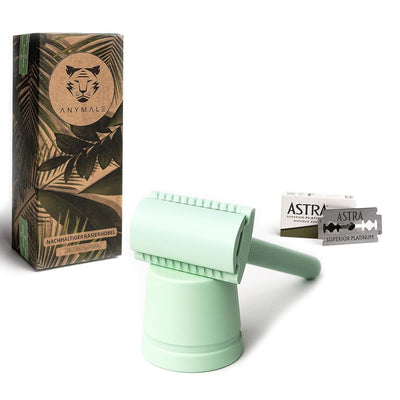 ANYMALE® Plastikfreier Rasierhobel Mint Edition - Set mit Ständer und 5 ASTRA Klingen - Nassrasierer