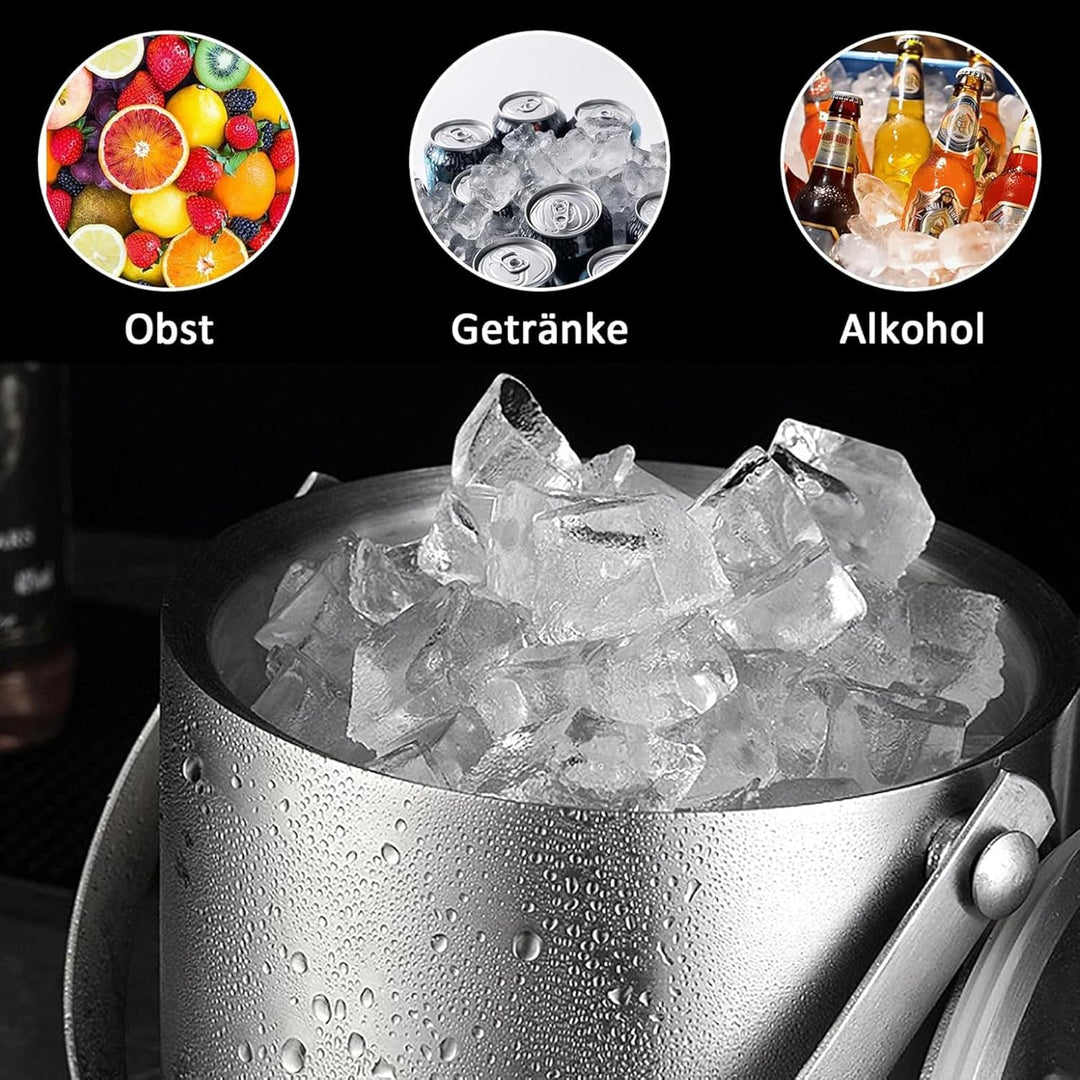 Eiswürfelbehälter, Eisbehälter rund mit Sieb und Eiszange, 2L Eiswürfelbehälte, Edelstahl Eisbehälte