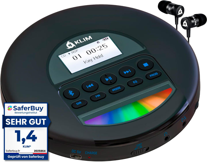 KLIM Nomad CD Player Bluetooth - Tragbarer CD-Player Discman mit langlebigem Akku - Inklusive Kopfhö