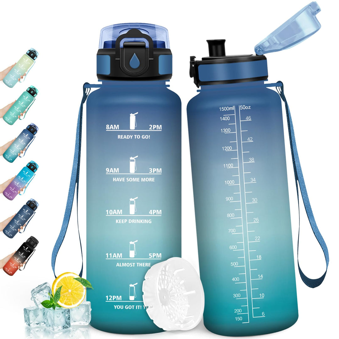 HoneyHolly Trinkflasche 1500ML, Sportflasche mit Filter, Wasserflasche, Auslaufsicher mit Zeitmarkie