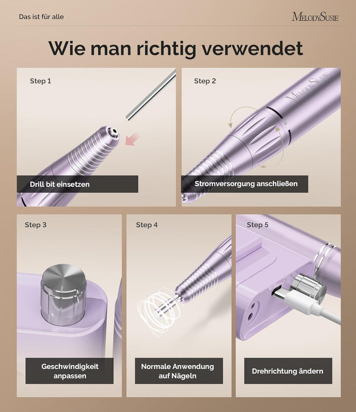 MelodySusie SC300F Professioneller Aufsteckbarer Nagelfräser, Wiederaufladbare Elektrische Nagelfeil
