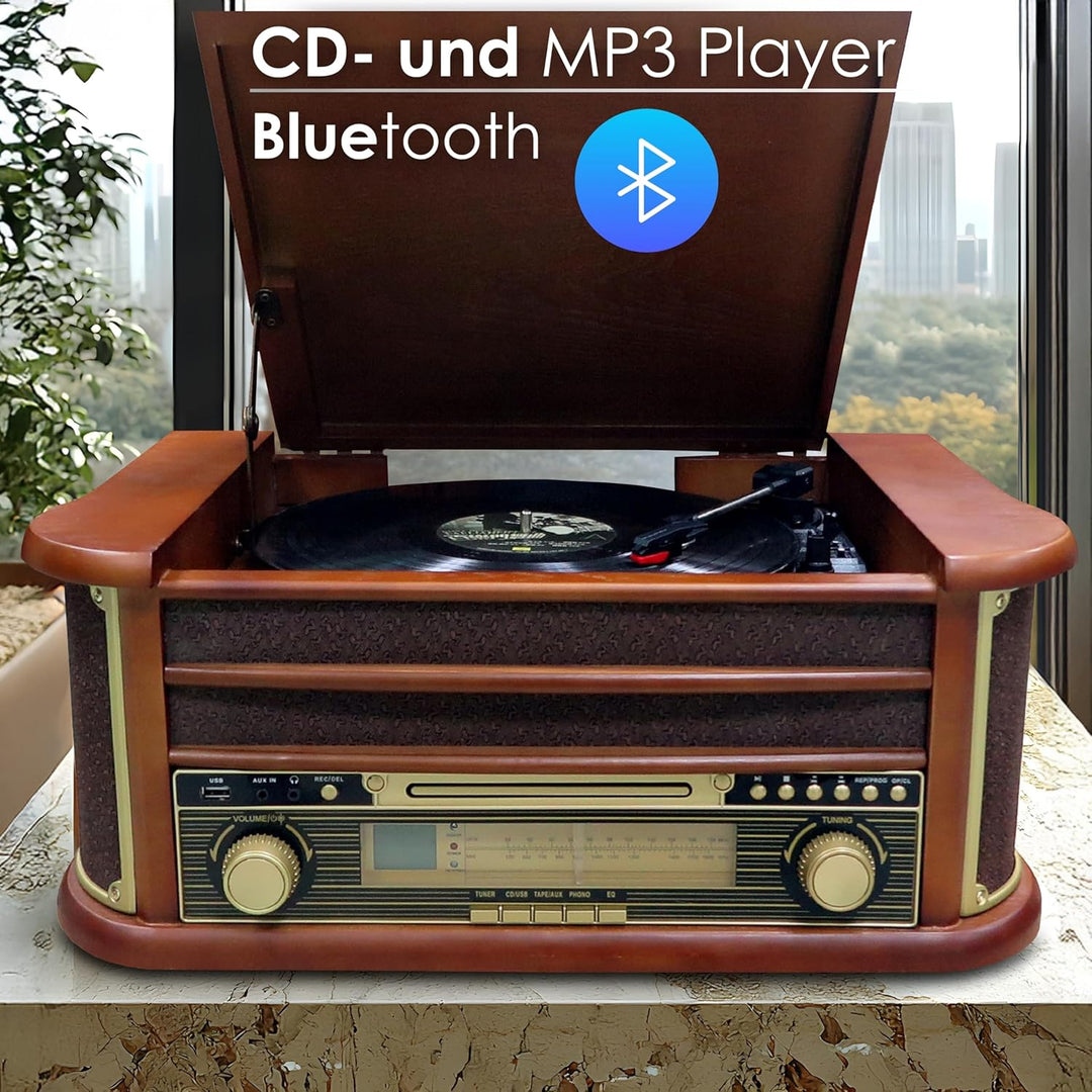 Nostalgie Holz Musikanlage | Kompaktanlage | Plattenspieler | Bluetooth | Retro Stereoanlage | CD MP