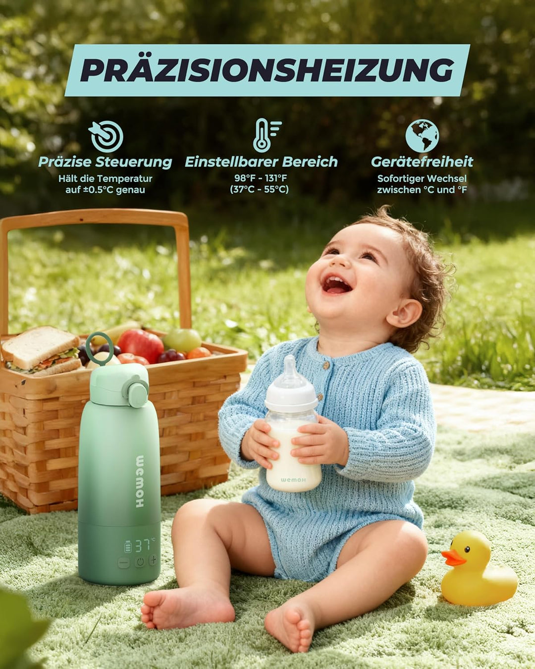 Tragbarer Flaschenwärmer Baby für unterwegs mit Selbstreinigungsfunktion, Präzise Temperaturkontroll