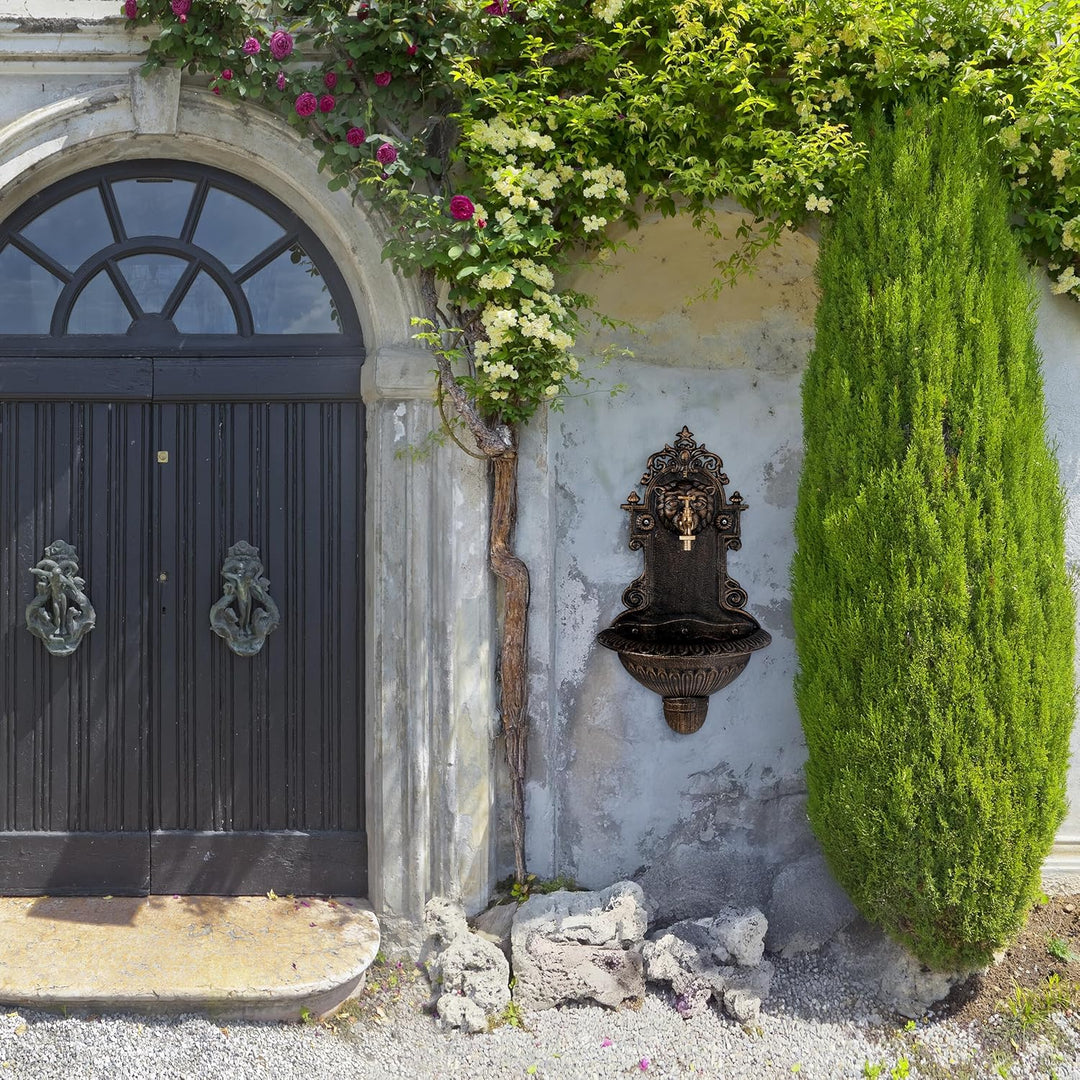 Relaxdays Wandbrunnen, Wasserspeier, Waschbecken &amp; Wasserhahn, Gartenbrunnen HBT 61 x 35 x 18 cm, Gu
