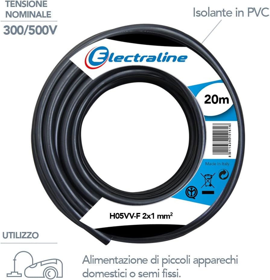 Kabel H05VV-F - 2x1 mm. - 20 mt - Schwarz