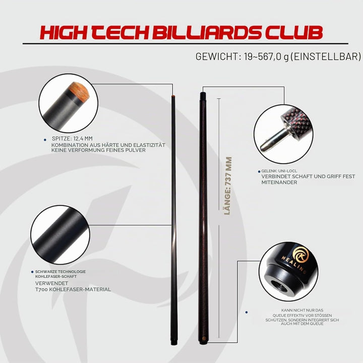 Billardqueue aus Kohlefaser, 58 Zoll, 1/2-Zoll-Struktur, 3-Zahn-Anschluss, 12,4 mm Spitze, 540-567 g