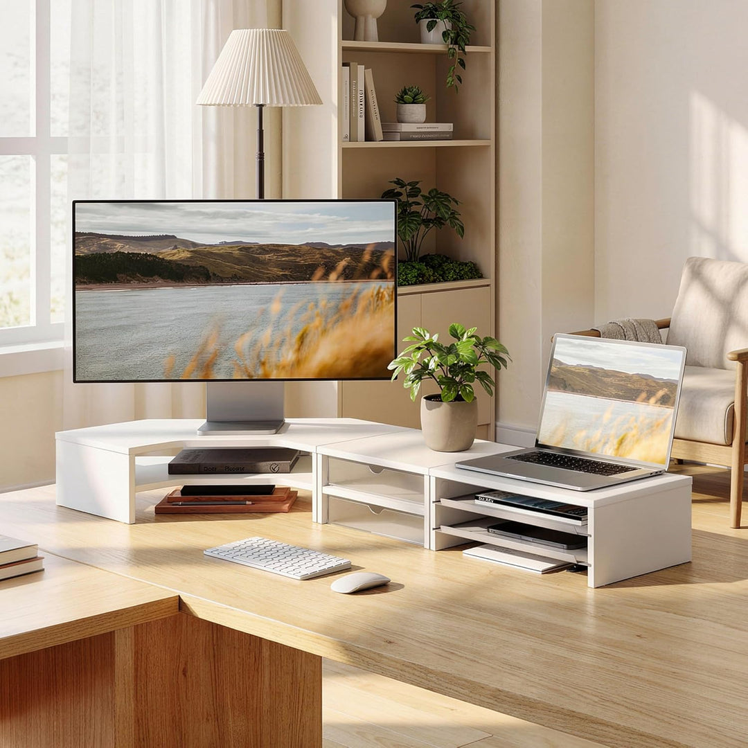 Fenge Monitorständer 3 in 1, Dual Monitor Stand mit Schublade und Ausziehbarem Tablett, L-Förmiger E