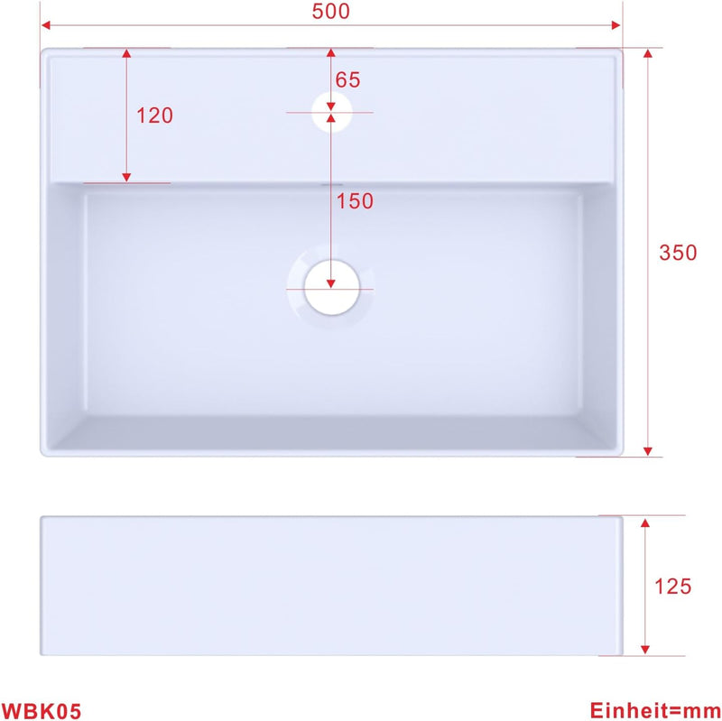 Waschbecken aus Keramik Eckig 50 x 35 cm Aufsatzwaschbecken für Waschtisch Unterschrank Waschplatz G