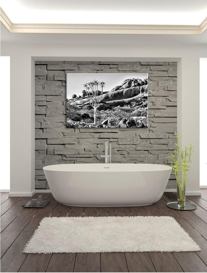 Pixxprint Monocrome, aussergewöhnlicher Baum im Steingebirge, Format: 100x70 auf Leinwand, XXL riesi