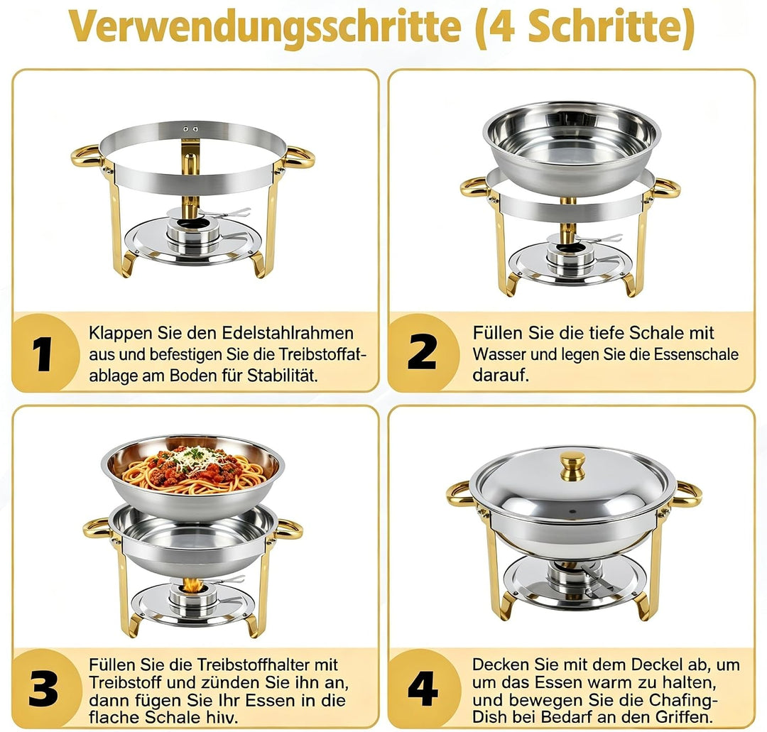Chafing Dish Set 4er-Pack rund, 5 QT Edelstahl Buffetwärmer mit goldenen Griffen & Gestell, Elegante