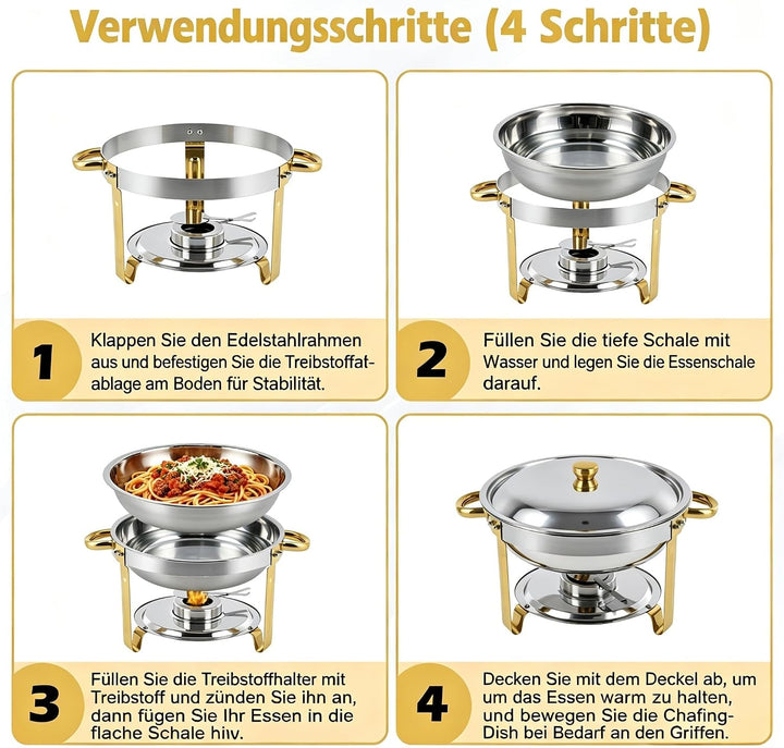 Chafing Dish Set 4er-Pack rund, 5 QT Edelstahl Buffetwärmer mit goldenen Griffen & Gestell, Elegante