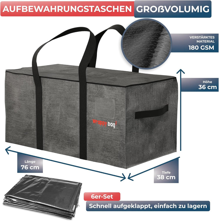 WRAPPYBAG im 6er Pack Grosse Kunststoff-Aufbewahrungstaschen – XXL-Taschen für Umzug &amp; Reise – Stabi