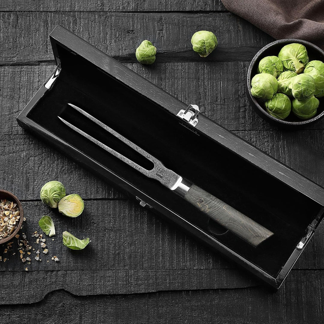 zayiko Professional Series Damast Fleischgabel 18 cm Klinge gefertigt aus 67 Lagen Damaststahl I Tra
