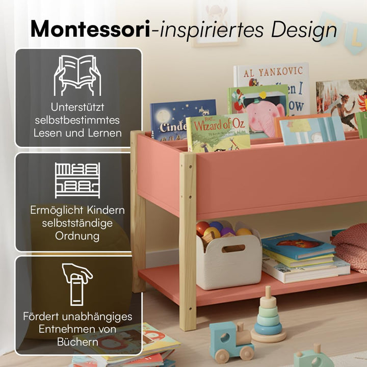 Bellabino Teme Bücherregal Kinderzimmer – Kinderbücherregal mit 4 Fächern – Montessori Bücherregal m