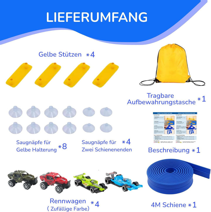 Autorennbahn Flexible Rennstrecke mit 4 Autos & Tragtasche – Soft Rennbahn Spielzeug für Kinder ab 3
