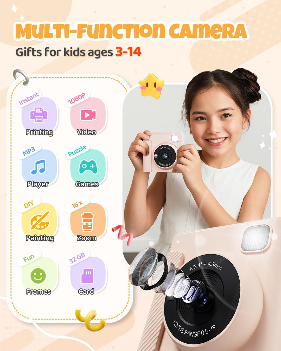 Kinderkamera Sofortbildkamera, 2,4 Zoll Sofortbildkamera Kinder mit 32G Karte und Fotopapier Drucken