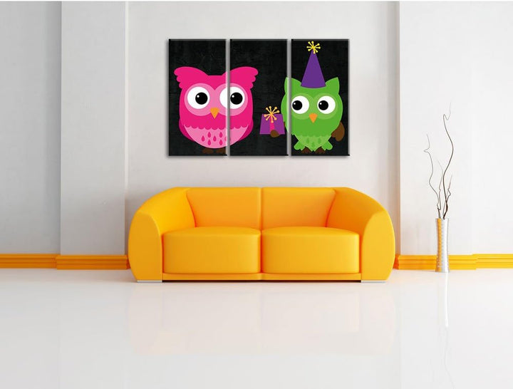 Pixxprint Eulen mit Geschenk als Leinwandbild/Grösse: 3 Teilig (120x80) cm/Wandbild/Kunstdruck/ferti
