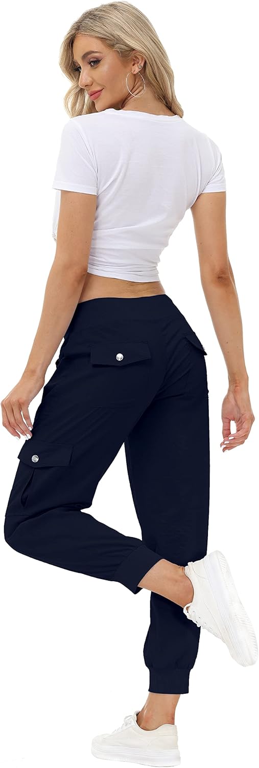 JINSHI Hosen Damen Cargohose Lange Capri Freizeithose Outdoor Jogginghose High Waist mit Kordelzug 3