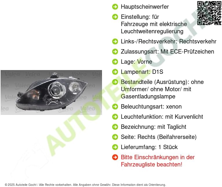 Valeo Hauptscheinwerfer Rechts Original Teil 044094
