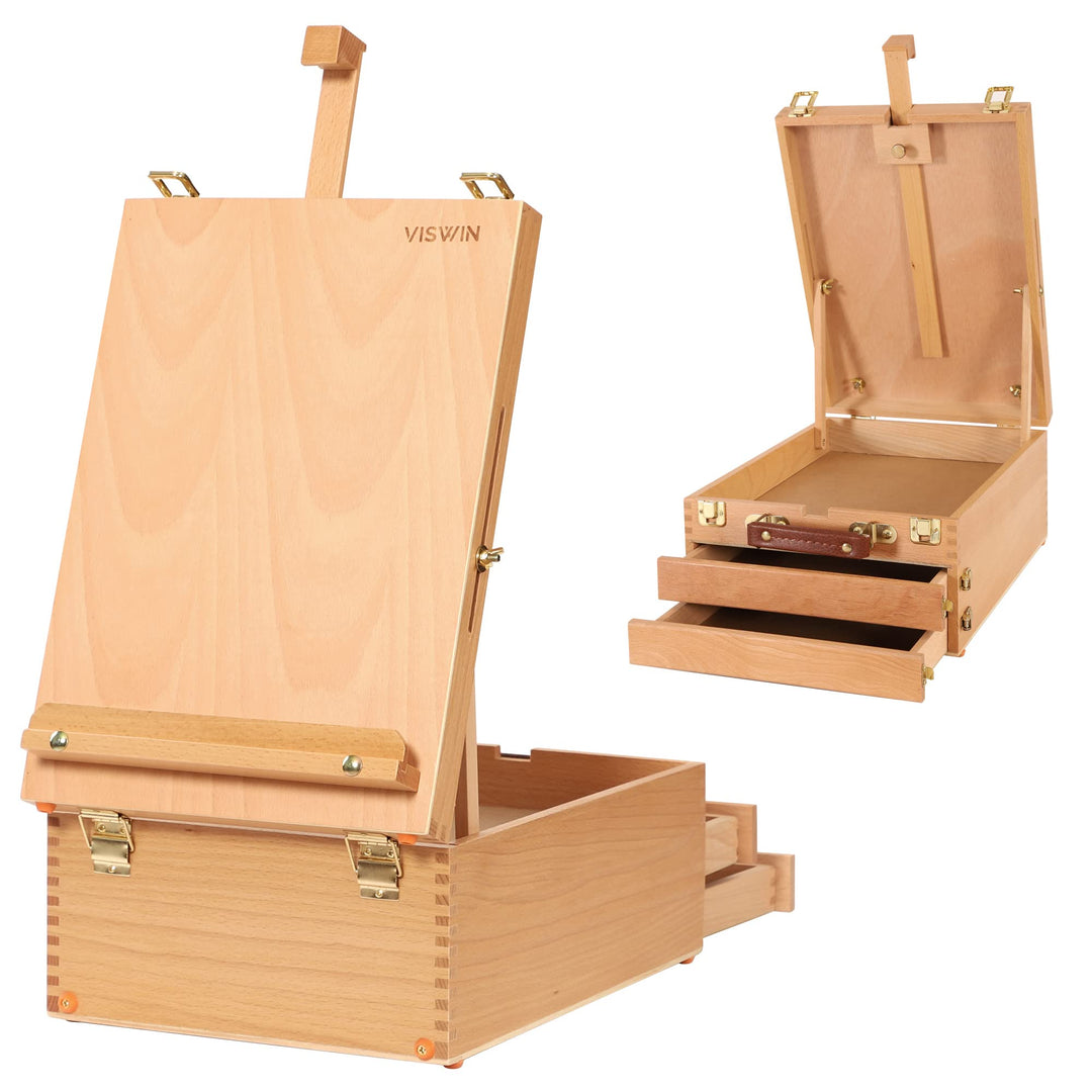 VISWIN Grosse Tisch-Staffelbox mit 3 Schubladen, Hält Leinwände bis zu 63 cm, tragbare Staffeleibox