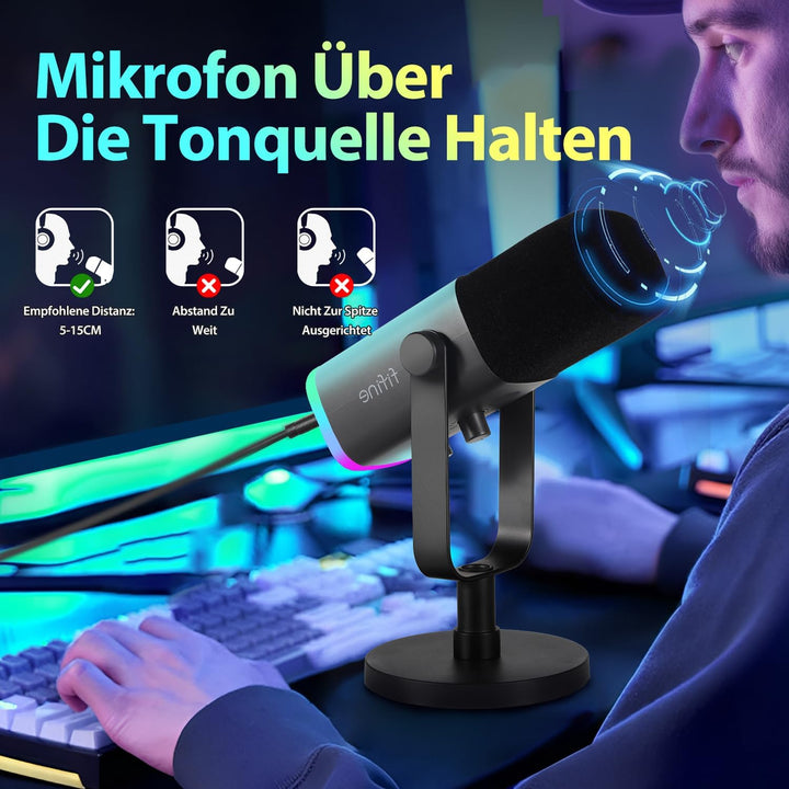 FIFINE XLR Gaming Mikrofon für Streaming Podcast Studio, USB Dynamisch Microphone PC mit Stummschalt