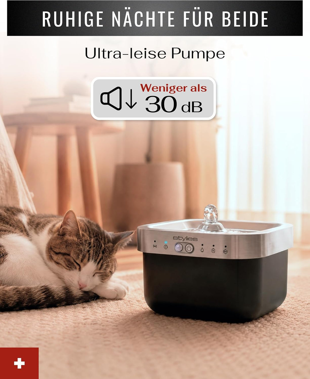 Katzenbrunnen kabellos, Trinkbrunnen Katze 2,5L, 5000mAh Akku bis 80 Tage, Bewegungsmelder, Hunde &amp;