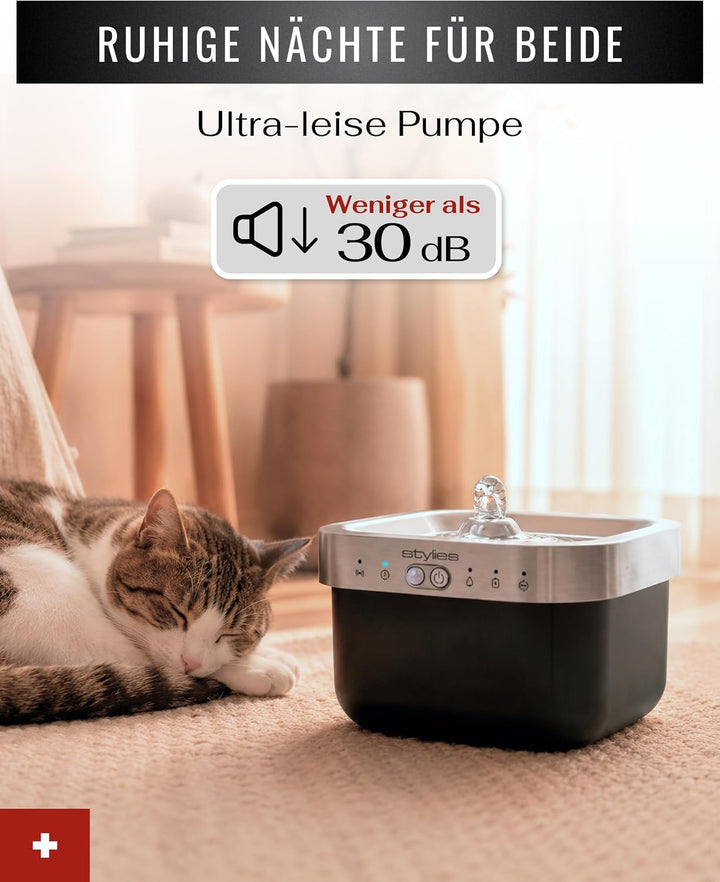 Katzenbrunnen kabellos, Trinkbrunnen Katze 2,5L, 5000mAh Akku bis 80 Tage, Bewegungsmelder, Hunde &amp;