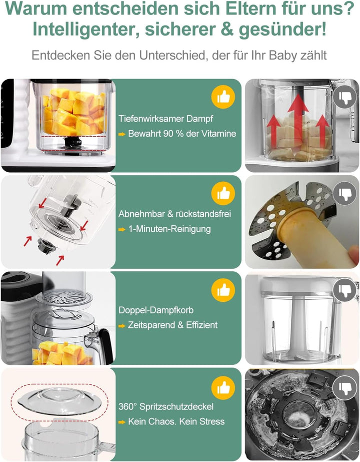 Babynahrungszubereiter, Multifunktions Babybrei Zubereiter, Schnelles Dampfgaren in 15 Minuten, Mult