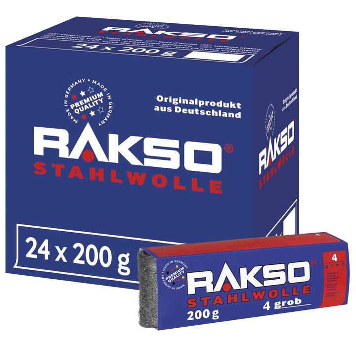 RAKSO Stahlwolle grob 4-4,8 kg, 24 Banderolen à 200g, entfernt Öl, Fett auf Metall, reinigt Natur, K