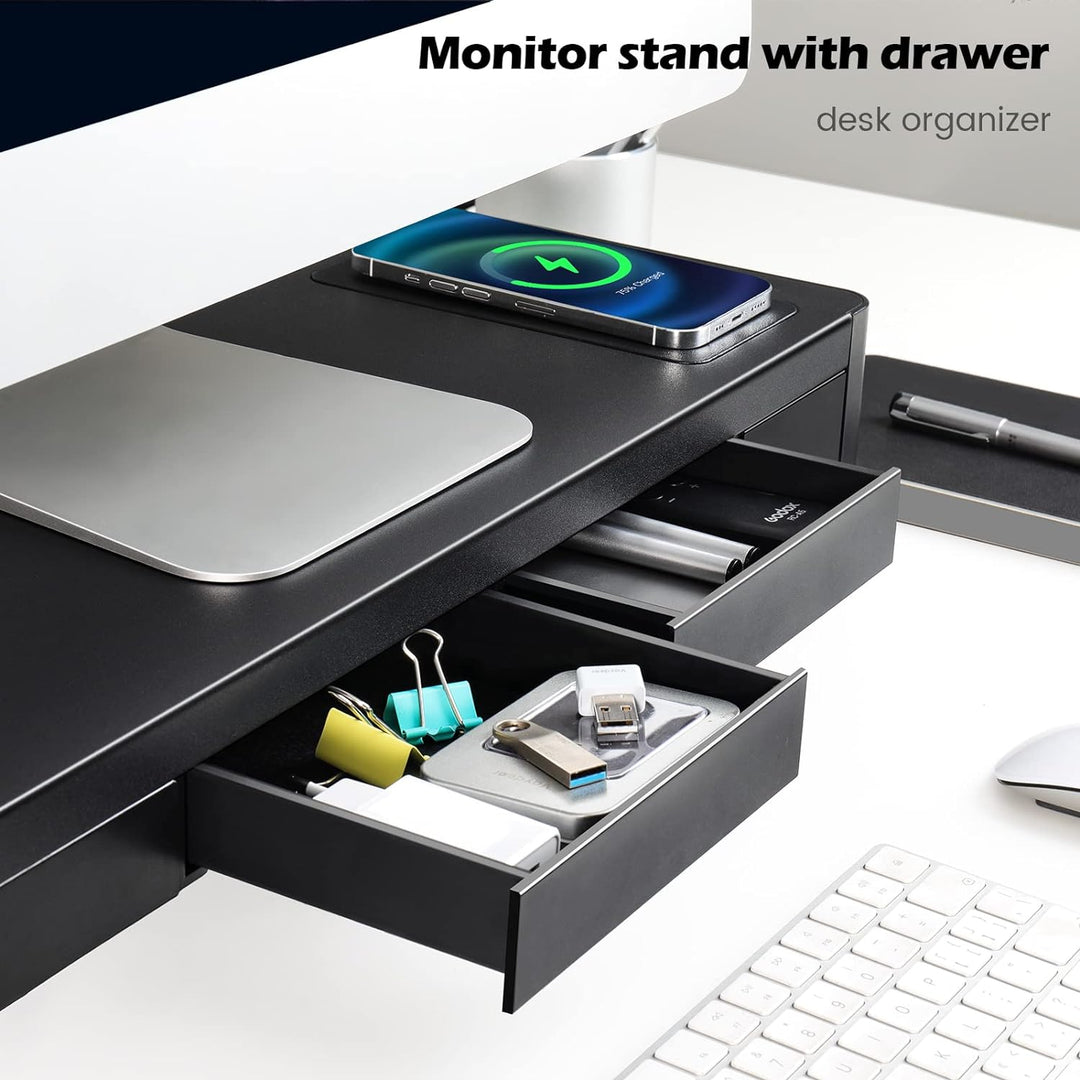 meatanty Monitorständer, 3 in 1 Monitorständer mit USB-Anschlüssen, kabellosem Ladegerät und Schubla