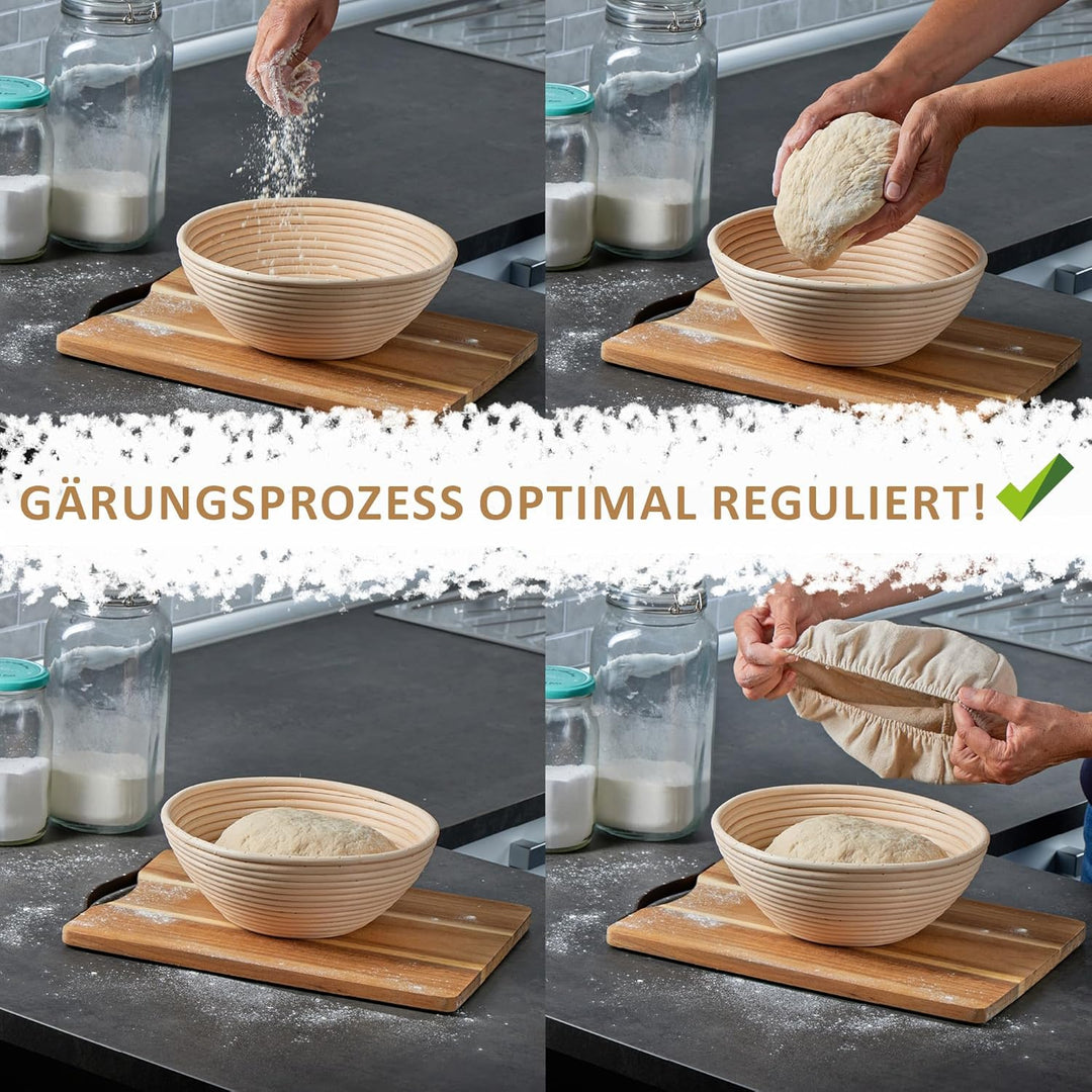 2x Gärungskorb mit waschbarem Leineneinsatz - Gärkörbchen aus natürlichem Peddigrohr - Brotkorb zum